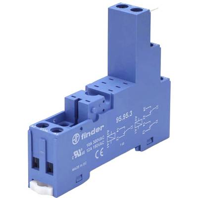 Een blauwe relaisvoet gemerkt met 'Finder', voorzien van meerdere aansluitpunten en bedradingsdiagrammen. Geschikt voor 10A 300VAC, 12A 150VAC.