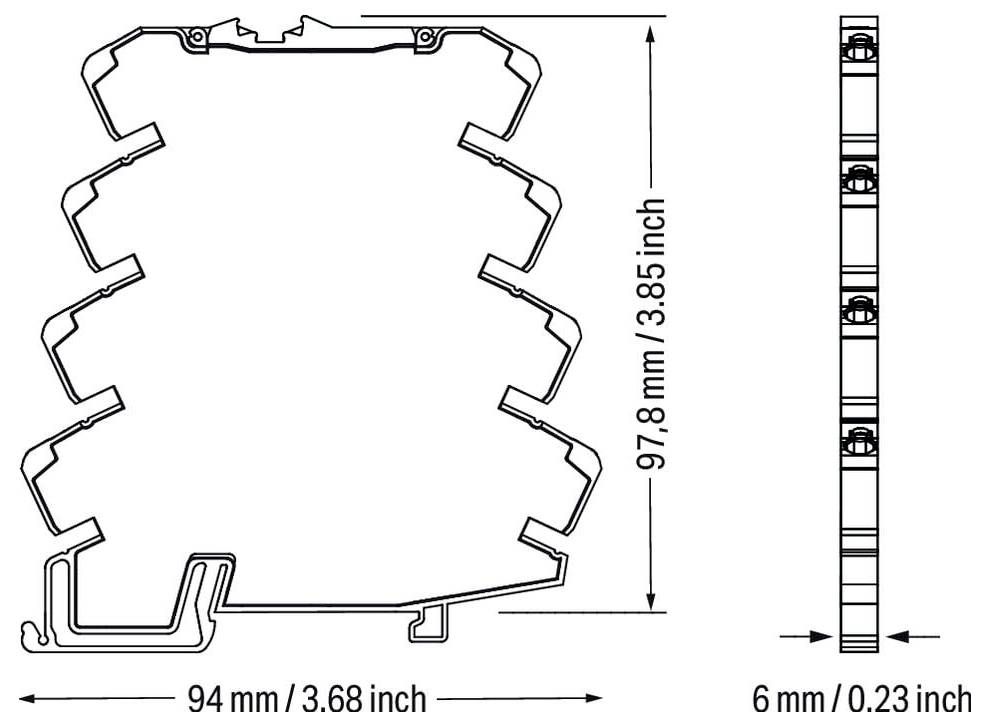 Technische tekening van een dwarsdoorsneeprofiel van een object met afmetingen. Breedte: 94 mm (3,68 inch), hoogte: 97,8 mm (3,85 inch), diepte: 6 mm (0,23 inch).
