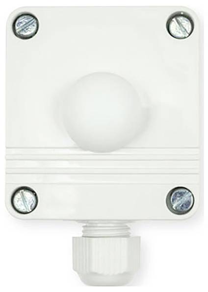 Een wit vierkant kunststof behuizing met vier zichtbare schroeven en een kabelinvoer onderaan.