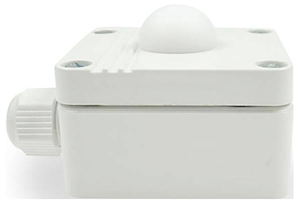 Een witte sensor-behuizingsdoos met een afgeronde, koepelvormige bovenkant en kabelaansluiting aan de linkerkant.