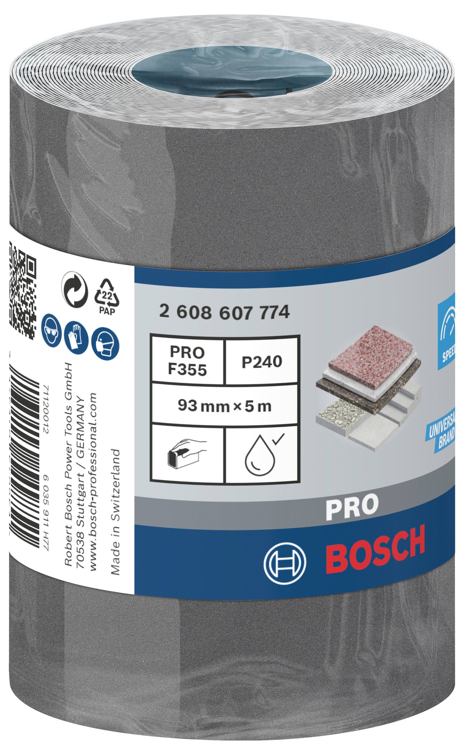 Grijze schuurrol van Bosch, 93 mm breed, 5 m lang, korrelgrootte P240, geschikt voor hout, verf, lak, afgebeeld op etiket.