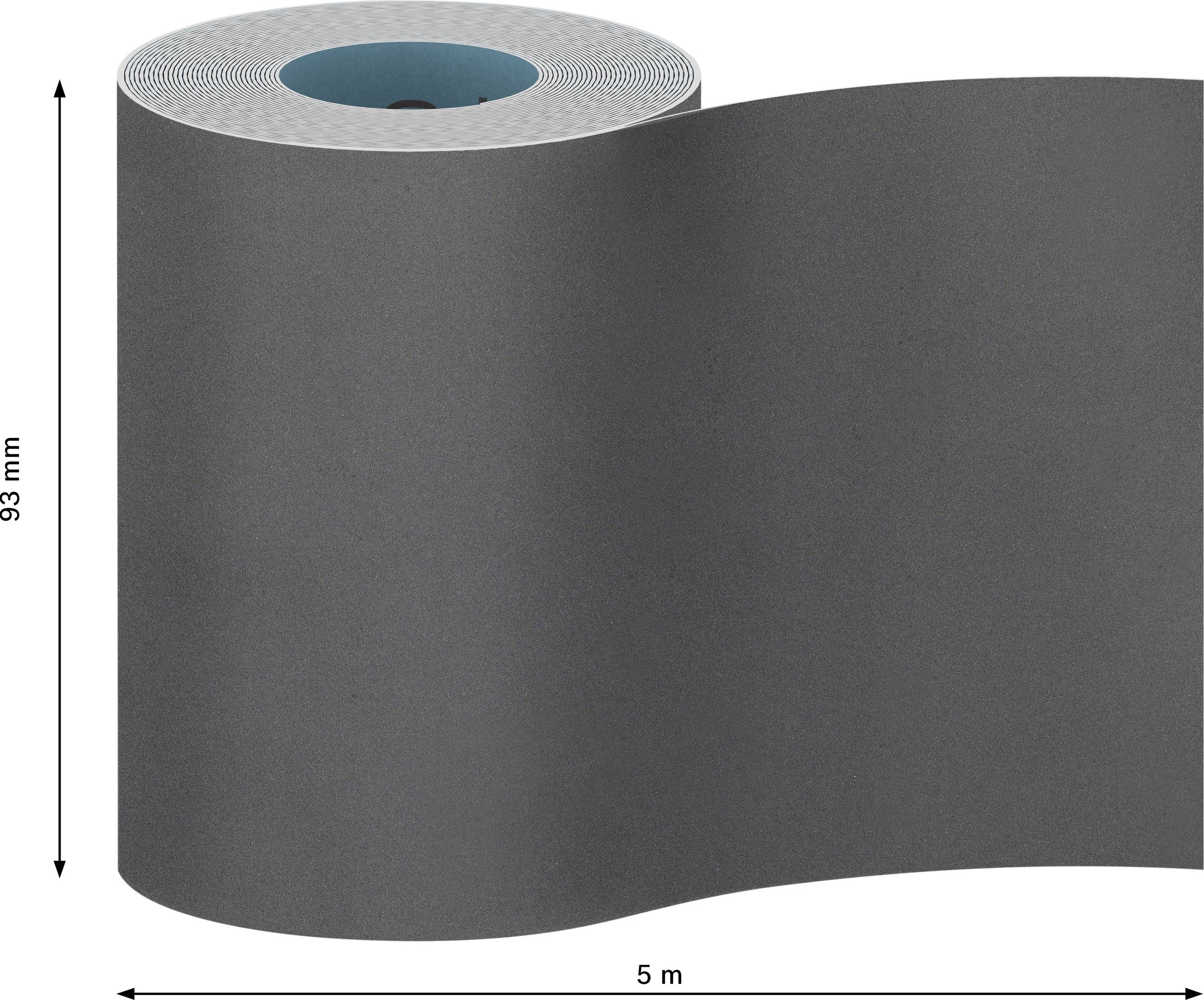 Een grijze rol materiaal met de afmetingen 93 mm hoogte en 5 m lengte, gebruikt voor bouwdoeleinden.