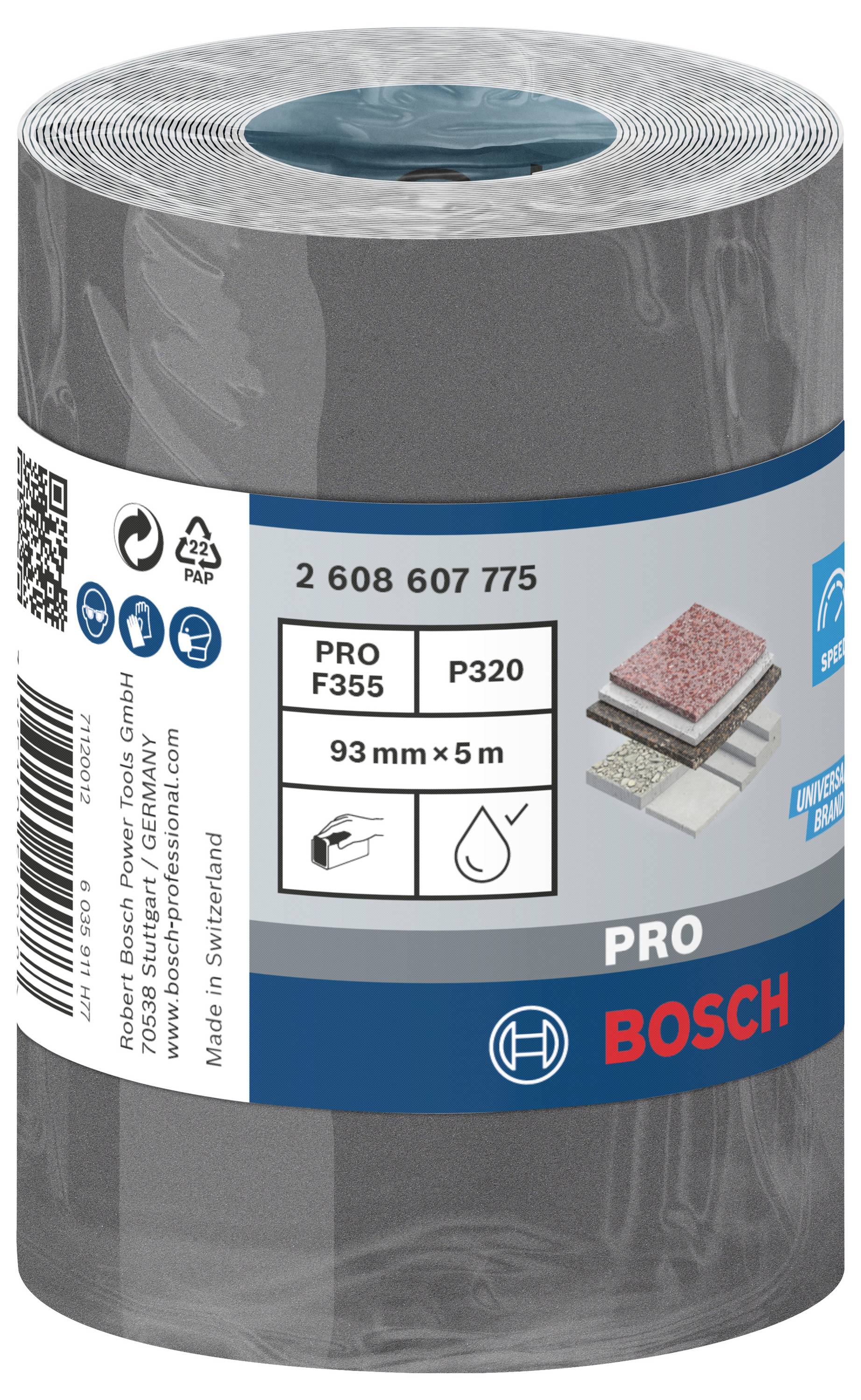 'Schuurpapierrol op rol', Bosch-merk. 93 mm x 5 m, korrel P320, voor hout en metaal. Geschikt voor handschuurmachines.