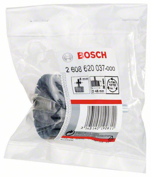 Zak met een Bosch-boortoebehoren. Opdruk toont productafmetingen: diameter 45 mm, beoogde toepassing: boren.