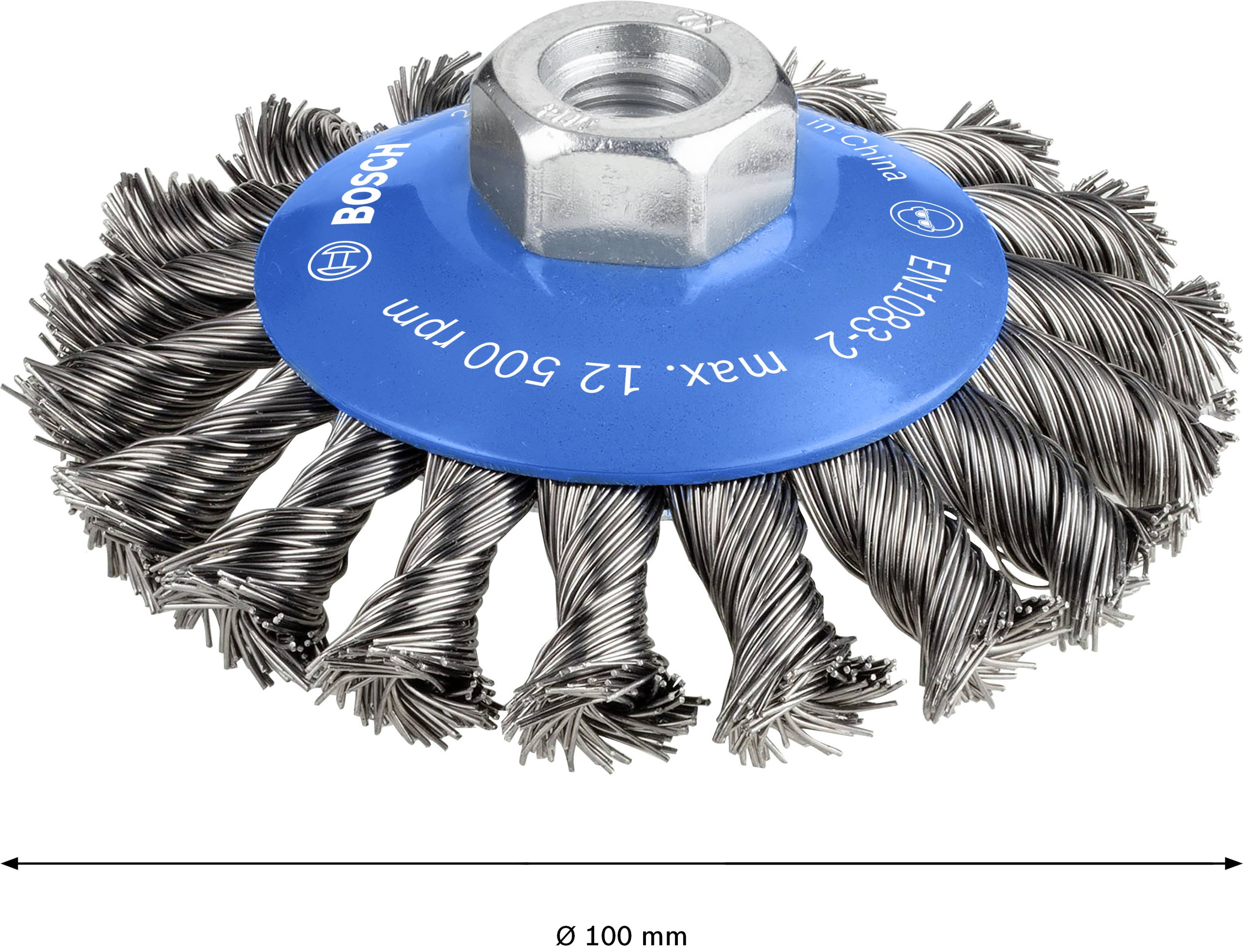 Staalborstelkop met gedraaide staalborstels en blauwe metalen behuizing, diameter 100 mm, geschikt voor haakse slijpers.