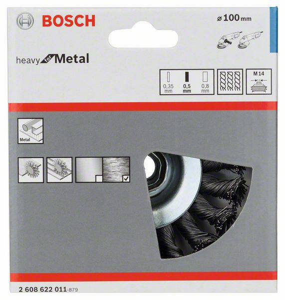'Bosch zware metalen borstel, geschikt voor 100 mm haakse slijper. Diameter 0,5 mm, M14 schroefdraad, voor metaalreiniging.'