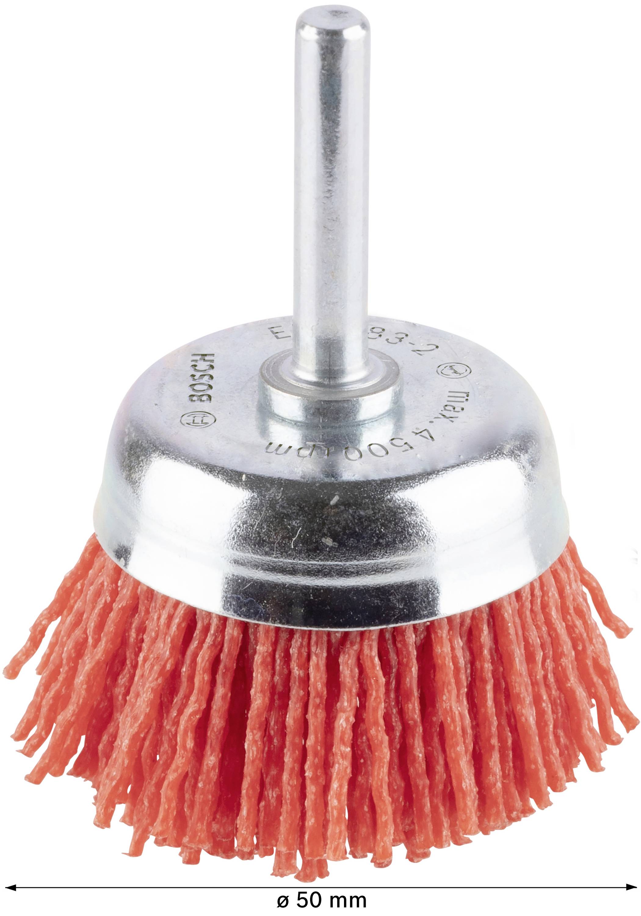 Een borstel met metalen opzetstuk en rode kunststofborstels, diameter 50 mm. Geschikt voor reinigings- of polijstwerkzaamheden.