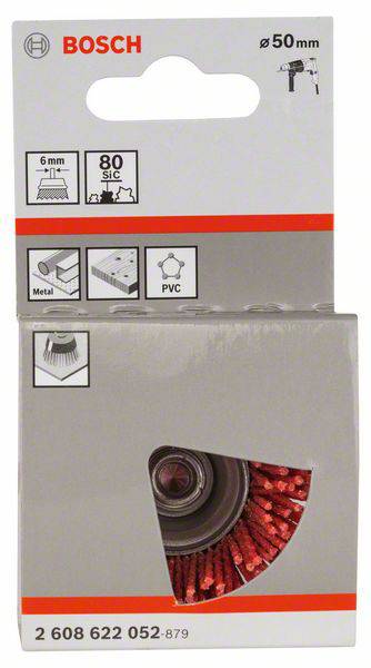 Verpakking van een Bosch-komstaalborstel voor boormachines, diameter 50 mm, geschikt voor metaal en PVC, met afbeelding van de borstel.