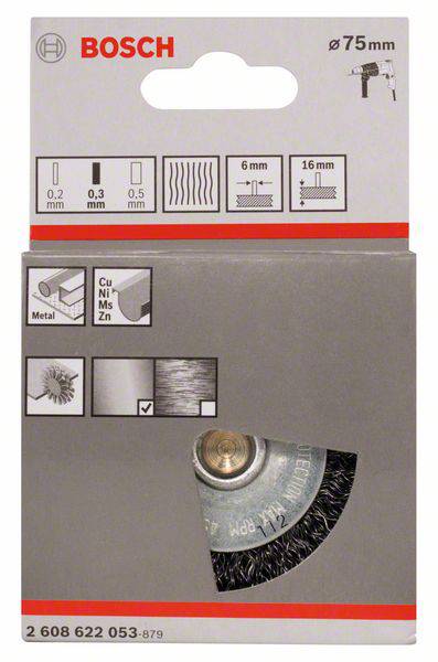 'Bosch staalborstel, diameter 75 mm, voor het verwijderen van roest en verf, geschikt voor metalen; schachtdiameter 6 mm.'