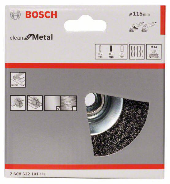 Bosch metalen borstelschijf, 115 mm diameter. Geschikt voor metaalreiniging. Fabrikantslogo en productspecificaties op de verpakking.