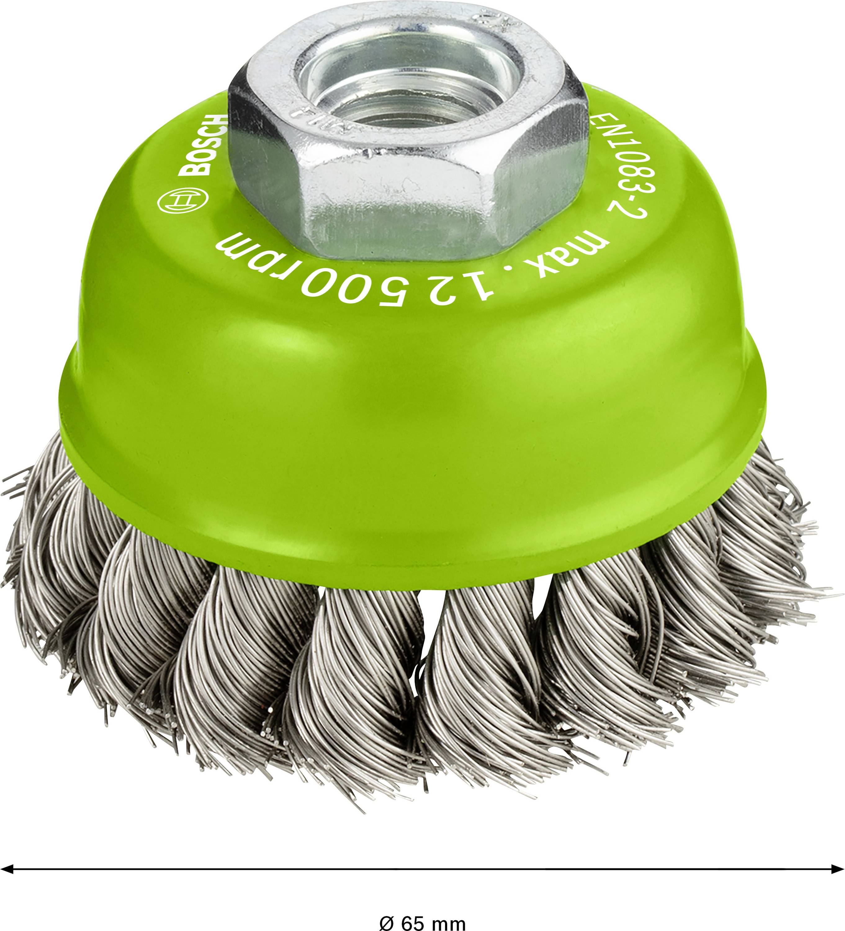 Staalborstel met groen huis en metalen borstelharen, geschikt voor 12.500 omw/min, diameter 65 mm.