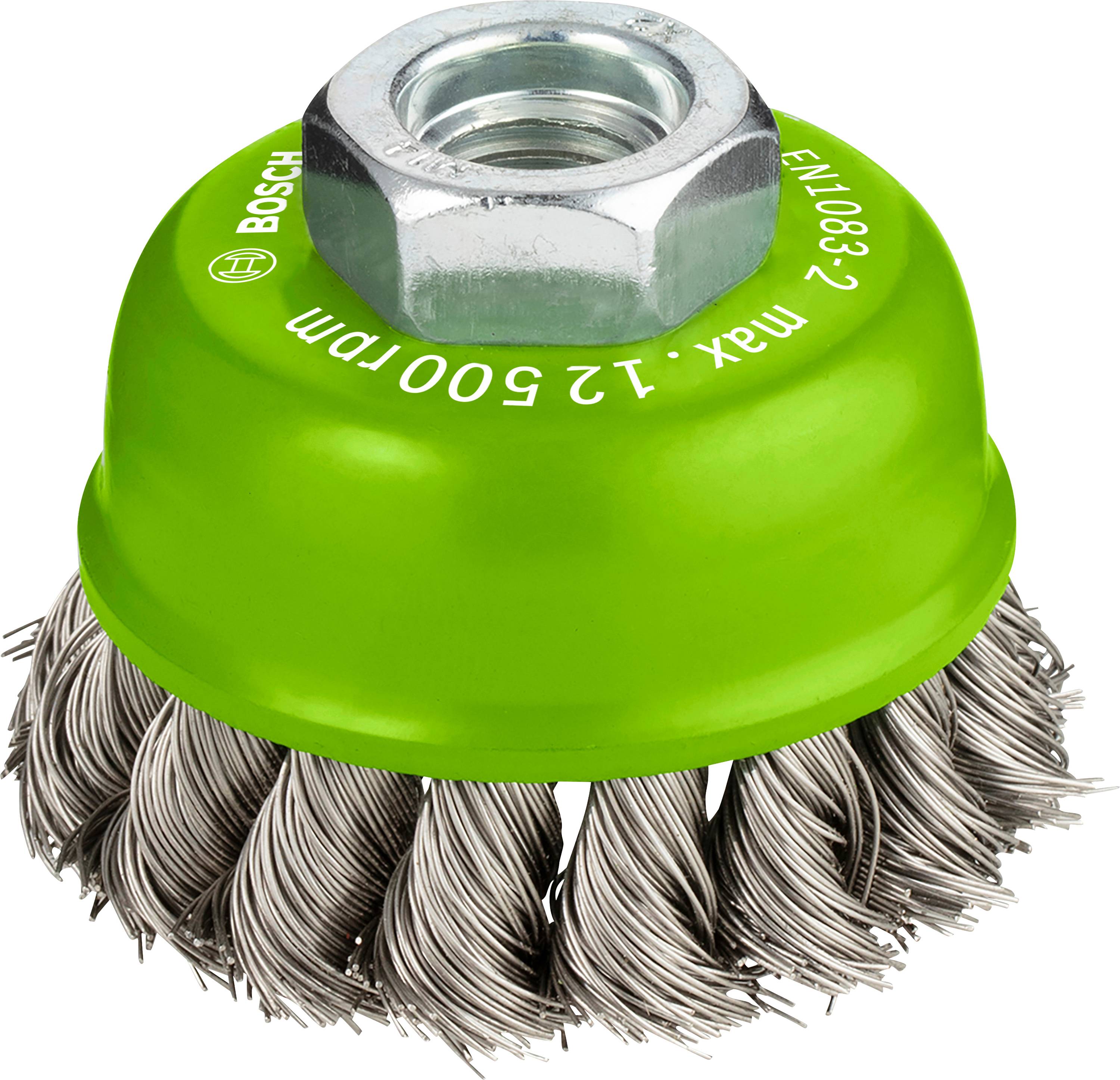 Ronde metalen staalborstel met metalen borstelharen en groene handgreep, geschikt voor maximaal 12.500 toeren per minuut, nuttig voor metaalreiniging.