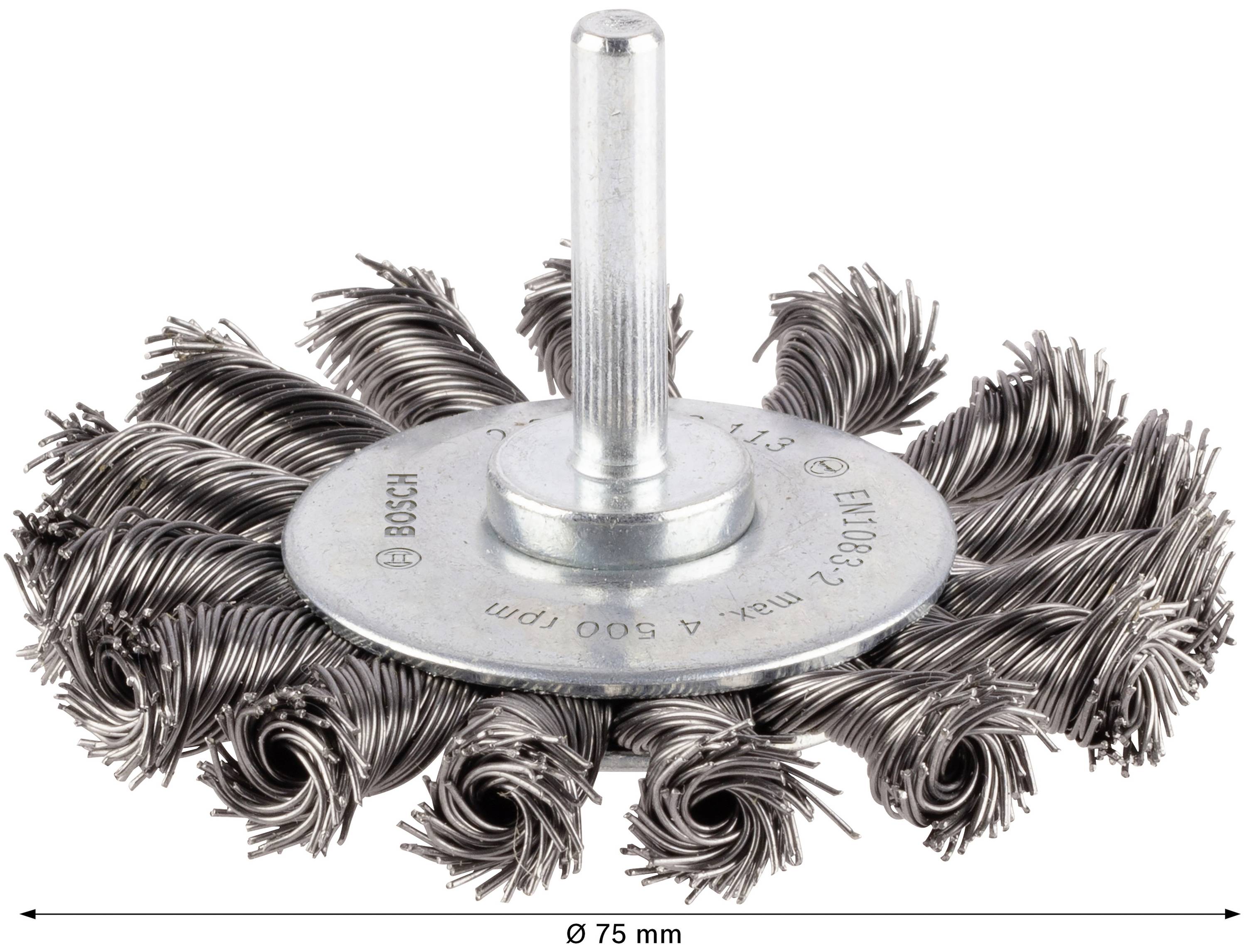 Staalborstel met gevlochten staaldraden en een diameter van 75 mm, geschikt voor het verwijderen van roest en verf.