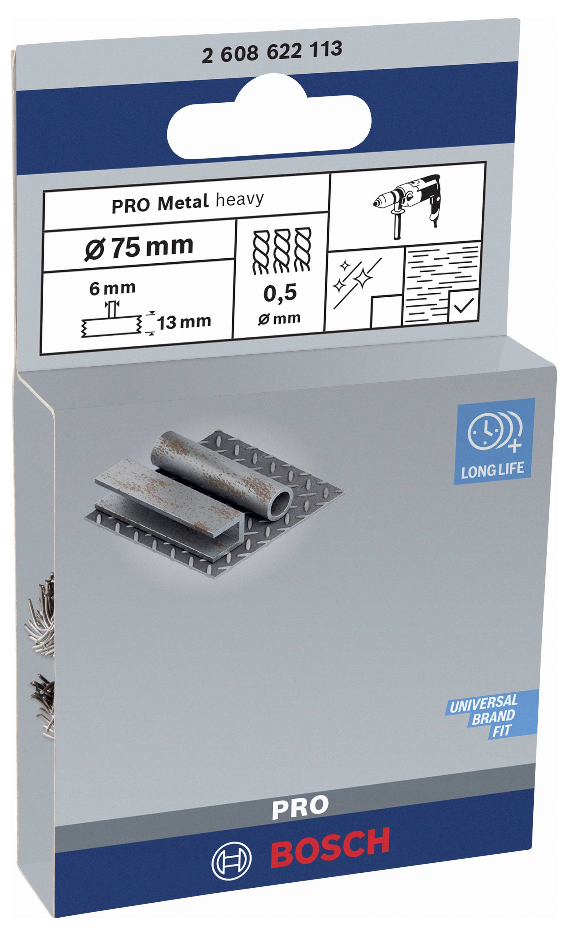 Verpakking voor Bosch PRO-metaalboor, diameter 75 mm, boordiepte 6 mm. Geschikt voor metaalplaten, afbeelding van metaal en boor.
