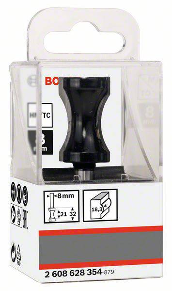 Een frees in een transparante verpakking, Bosch-merk. Diameter: 8 mm. Geschikt voor houtbewerkingen. Productnummer 2 608 628 354-879.