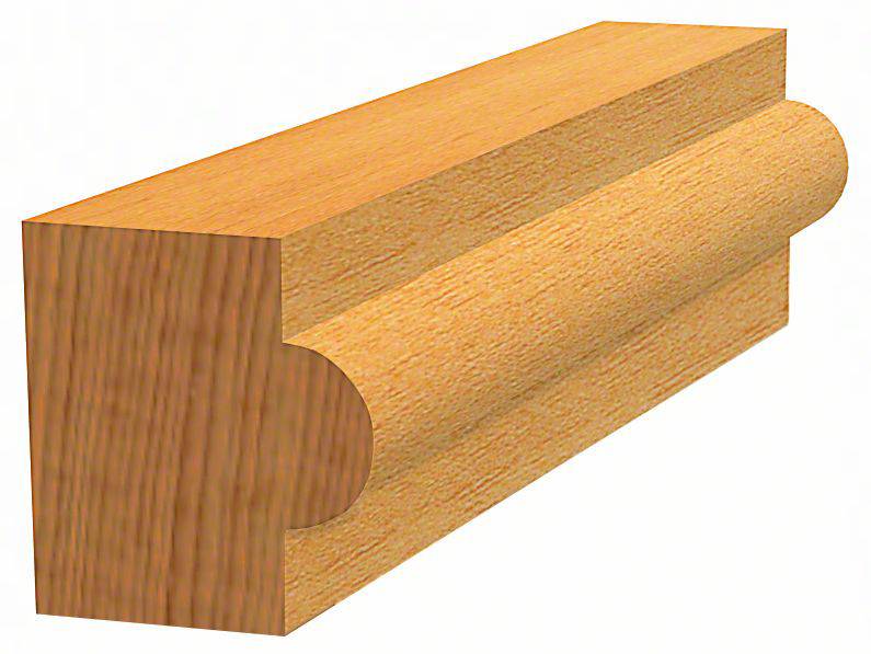 Houten profiel met een ronde uitsparing aan de rechterkant, toont de vorm en rand van een houten stuk voor bouw- of meubelontwerp.