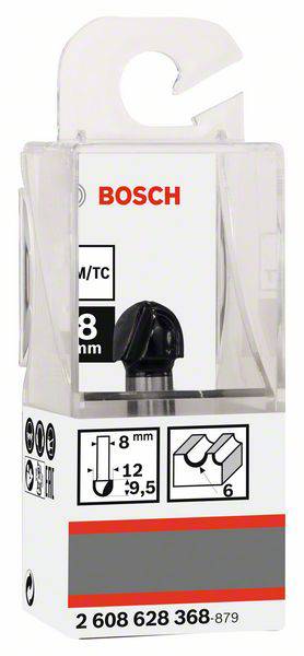 Verpakking van een Bosch freesmachine, toont '8 mm' schachtdiameter, afbeelding van het gereedschap en technische tekening met afmetingen.