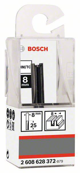 Een verpakking met een 8 mm Bosch sleuffrees voor bovenfrees, zichtbaar door een transparante verpakking.