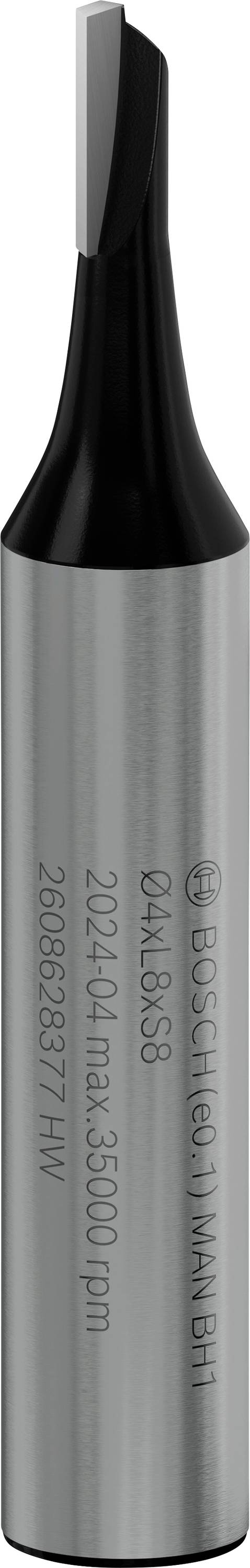 Een zilverkleurige boor met zwarte handgreep en gravures: 'BOSCH', technische specificaties en serienummer.