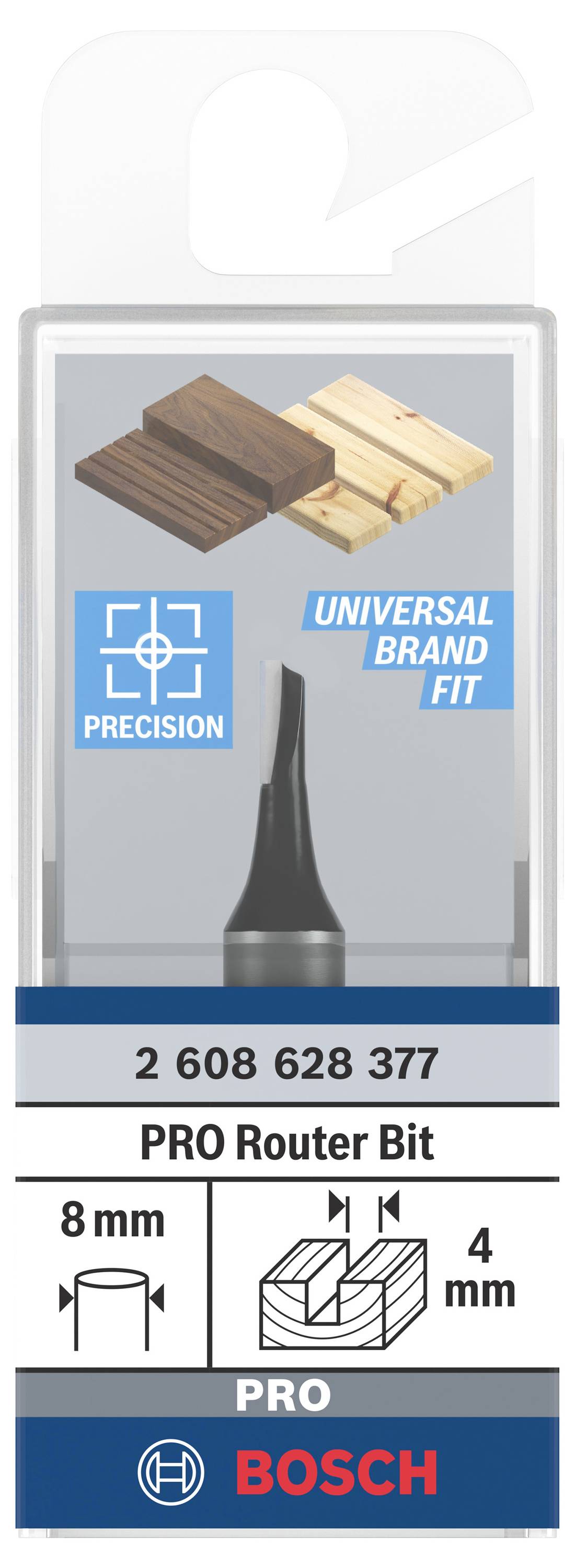 Verpakking toont een zwarte frees voor houtachtergrond. Tekst: 'PRECISION', 'UNIVERSAL BRAND FIT'. Afmetingen: 8 mm, 4 mm. Merk: Bosch.
