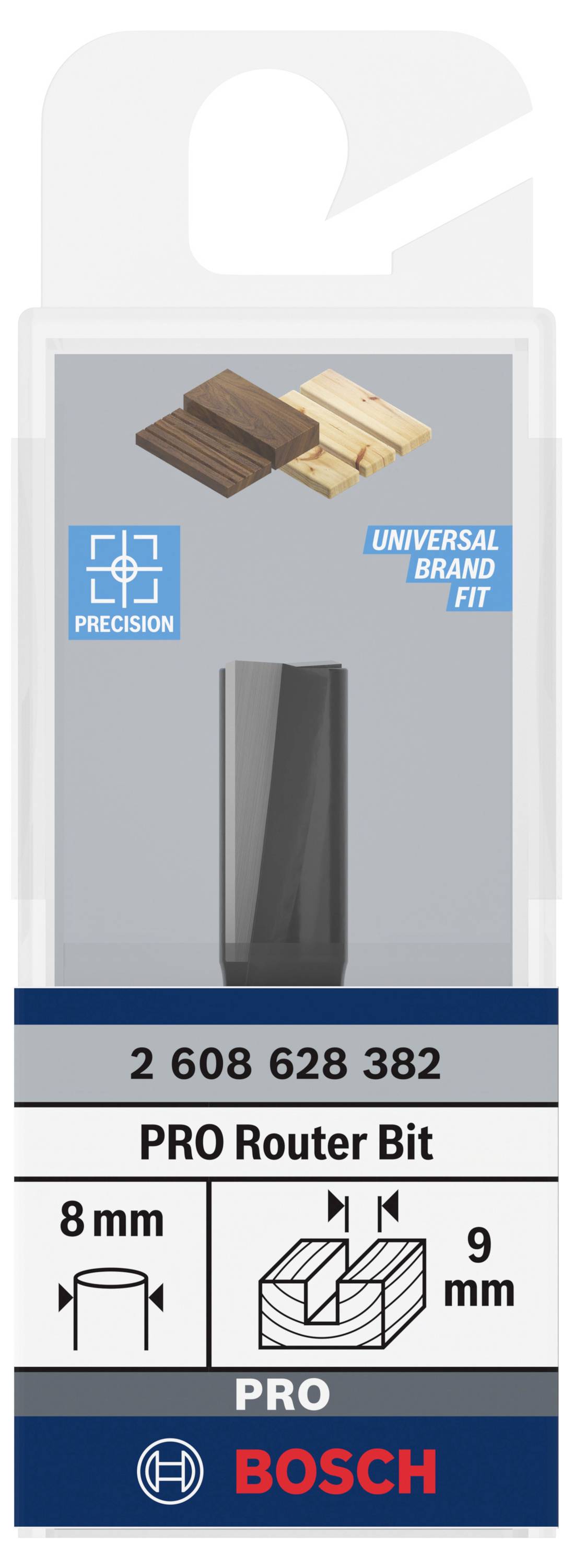 'PRO Router Bit' verpakking. Toont een precisiefrees, geschikt voor houtbewerking. Bevat afmetingen: 8 mm breedte, 9 mm hoogte. Merk: Bosch.