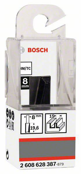 Verpakking voor een Bosch freesboortje, 8 mm diameter, met technische diagram en afmetingen voor houtbewerking.