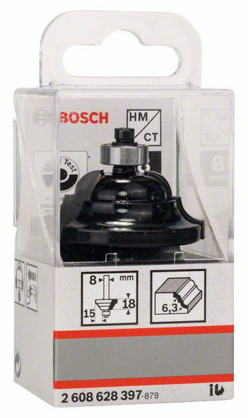 'Bosch' frees/verzinkboor in verpakking, toont productdetails en afmetingen: diameter 8 mm, profielhoogte 15 mm, radius 6,3 mm.