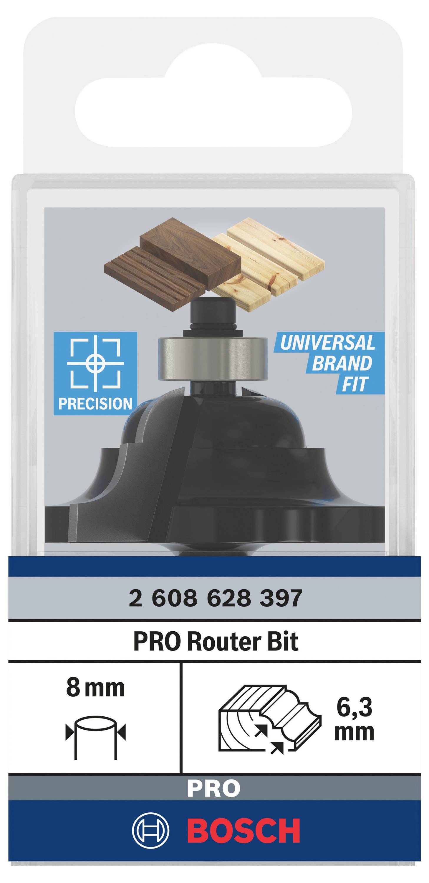 'PRO' Freesboorder voor 8 mm met 'Universal Brand Fit' en precisie. Verpakking met houtvoorbeelden. Merk: Bosch.