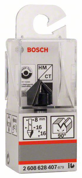 Een Bosch verpakking toont een frees met de afmetingen '8 mm x 16 mm' en een hoek van '90°'. Het symbool HM/CT is zichtbaar.