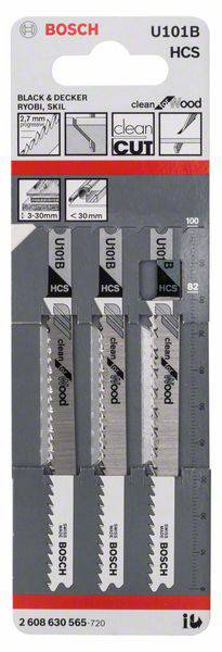 'Bosch U101B HCS' decoupeerzaagbladen, 3 stuks per verpakking, geschikt voor hout, met een heldere zaagsnede, compatibel met Black & Decker modellen SKIL.