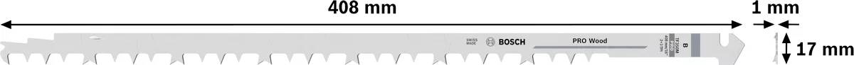 Zilveren metalen zaagblad voor hout; 406 mm lengte, 1 mm dikte, 137 mm hoogte; 'BOSCH' en 'Made in Switzerland' op het oppervlak.