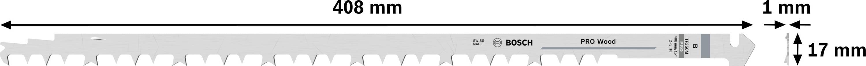 '408 mm lengte, 1 mm dikte, 13 mm breedte' wordt op een zaagbladgrafiek getoond.