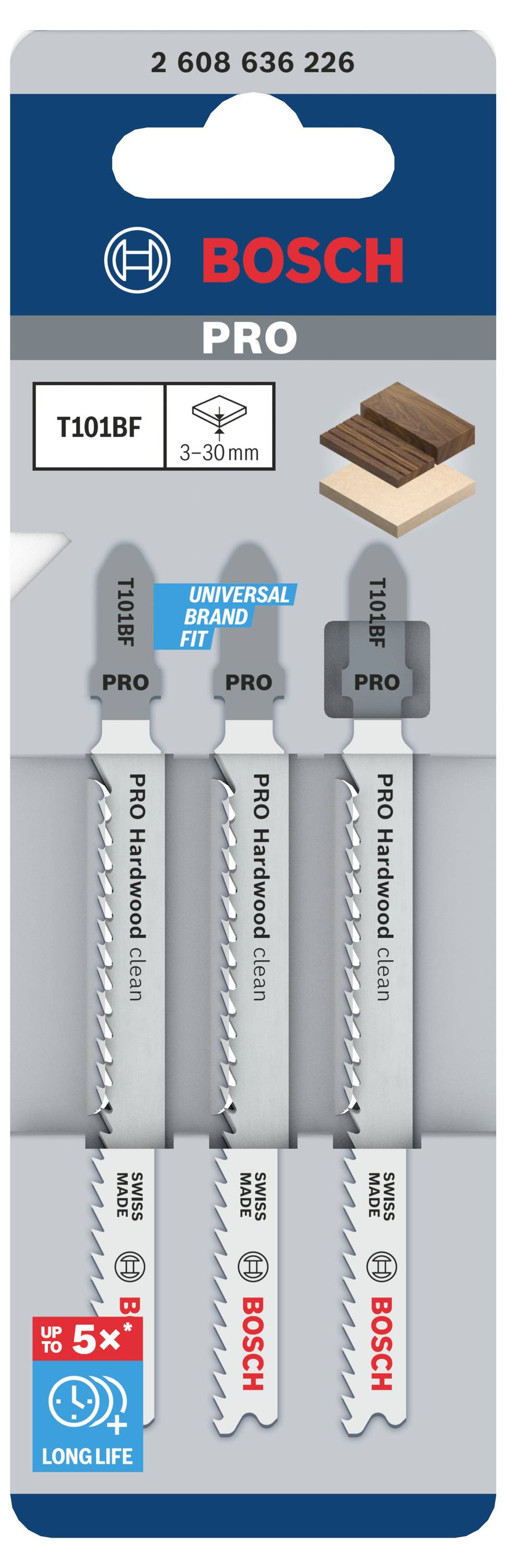 Verpakking met drie Bosch decoupeerzaagbladen voor hardhout, geschikt voor 3-30 mm dikke materialen. Bevat bladen T101BF.