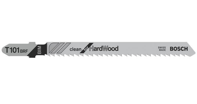 Decoupeerzaagblad met de opdruk 'clean for HardWood', geschikt voor nauwkeurige houtzagen. Fabrikant: Bosch, Model: T101BRF.