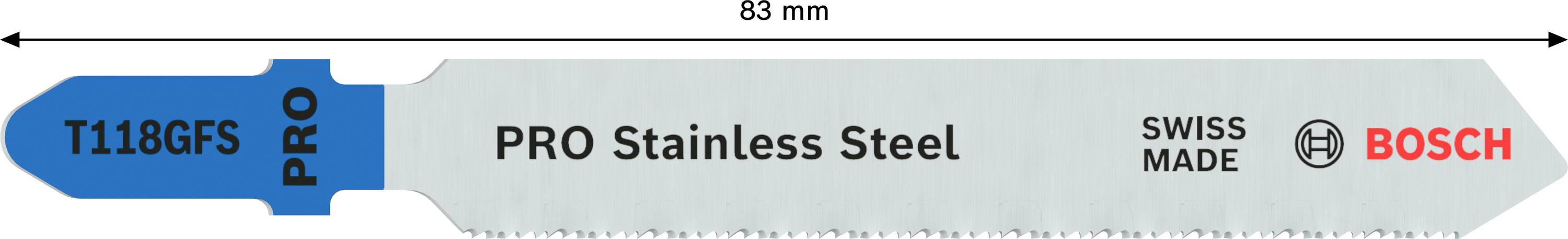 Metaalzaagblad, lengte 83 mm, opdruk 'PRO Stainless Steel', fabrikantlogo van Bosch, geschikt voor roestvrij staal, Zwitserse fabricage.