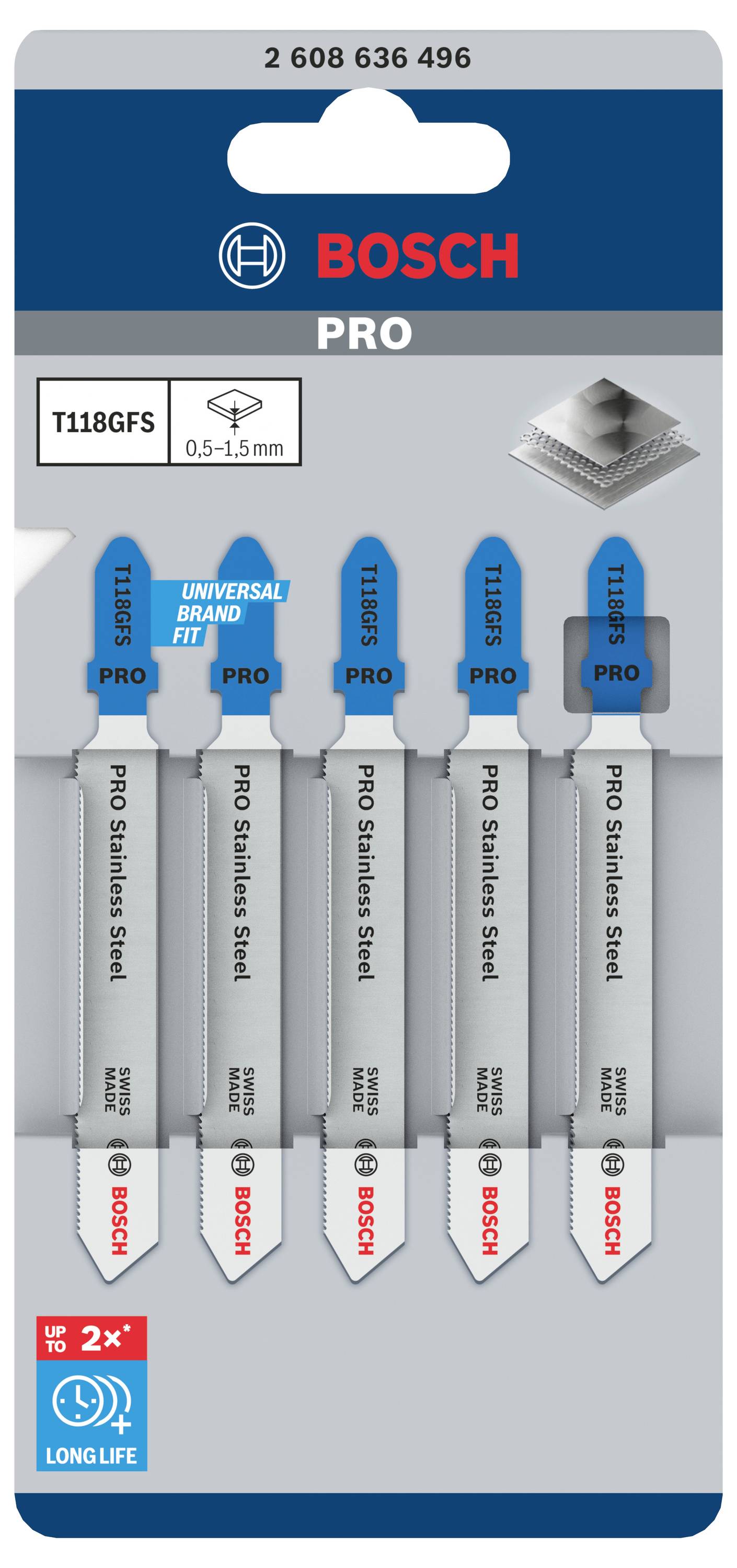 'Bosch PRO' reciprozaagblad-set in verpakking, 5 delen, geschikt voor metaalbewerking, met variërende bladvormen en schachtkleuren.