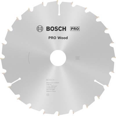 'Bosch PRO Wood' zaagblad met 36 metalen tanden; geschikt voor houtbewerkingen. Diameter-aanduiding in het midden van het blad.