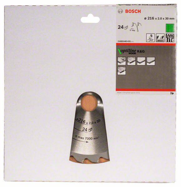 'Zaagblad voor hout, Bosch Optiline, Ø 216 x 2,0 x 30 mm, 24 tanden, maximale toerental 7000 min⁻¹. Verpakking met productdetails.'