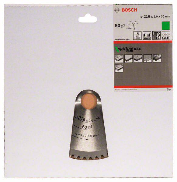 Verpakking van een Bosch cirkelzaagblad, model 'Optiline Wood', diameter 216 x 2,0 x 30 mm. Max. 7000 toeren/min, voor houtbewerking.
