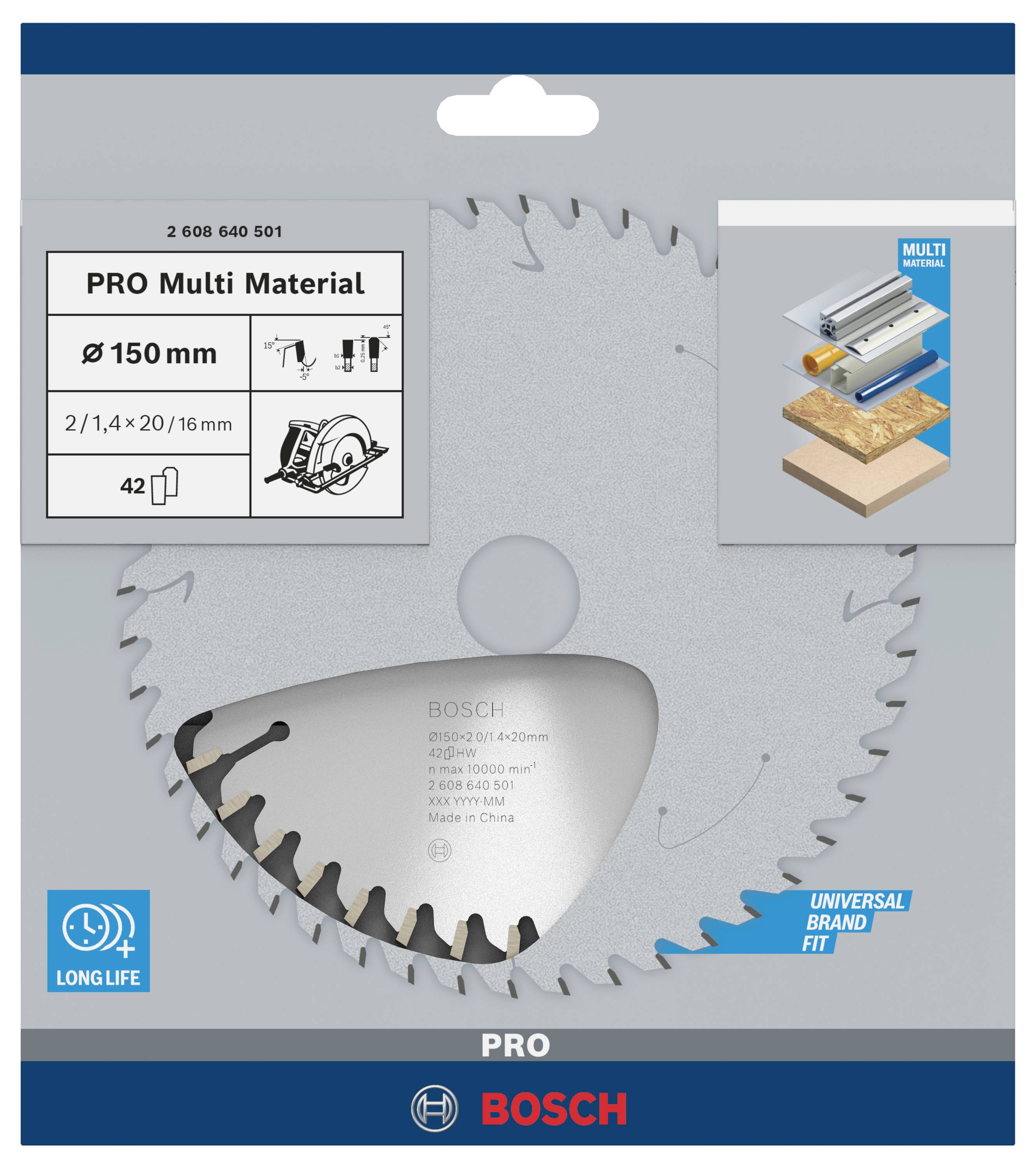 Zaagblad voor 150 mm diameter. Geschikt voor multi-materialen. Bevat gedetailleerde afbeelding van toepassingen en technische informatie.