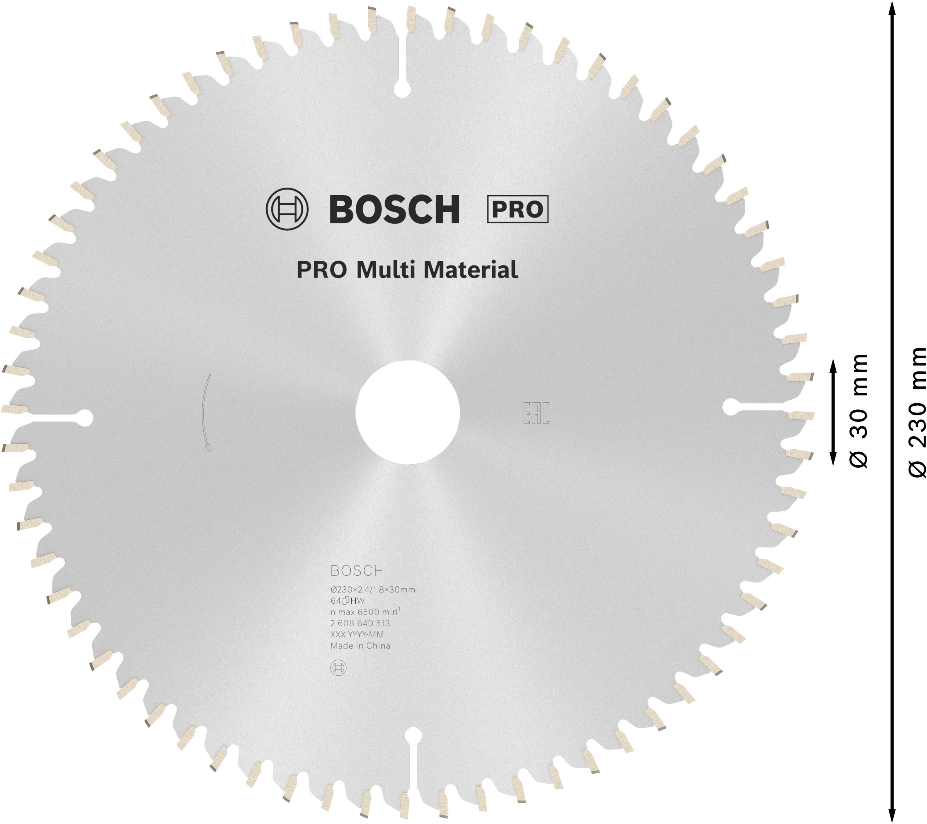 Cirkelzaagblad Bosch Pro Multi Material, Ø 230 mm. Zilverkleurig, 30 mm boring, tanden voor het snijden van verschillende materialen.