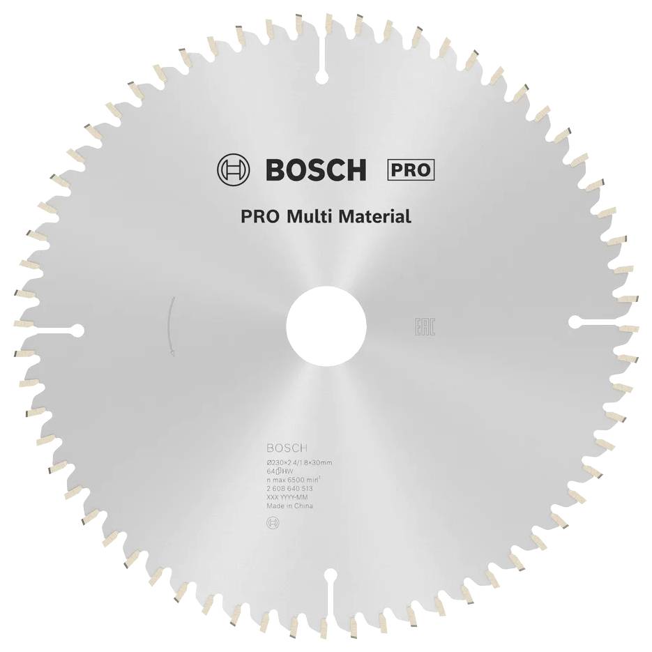 Een cirkelzaagblad gelabeld 'BOSCH PRO Multi Material', ontworpen voor het zagen van verschillende materialen, met gelijkmatig verdeelde scherpe tanden langs de rand.