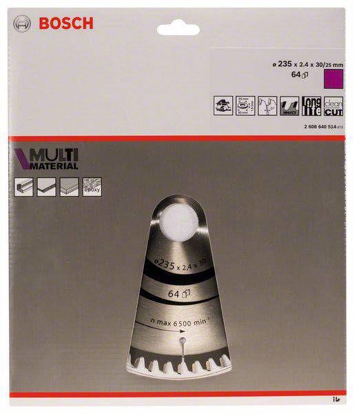 Verpakking van een Bosch-zaagblad. Etiket toont specificaties, waaronder '64 I', 'Multi Material' en 'max 6500 min⁻¹'.