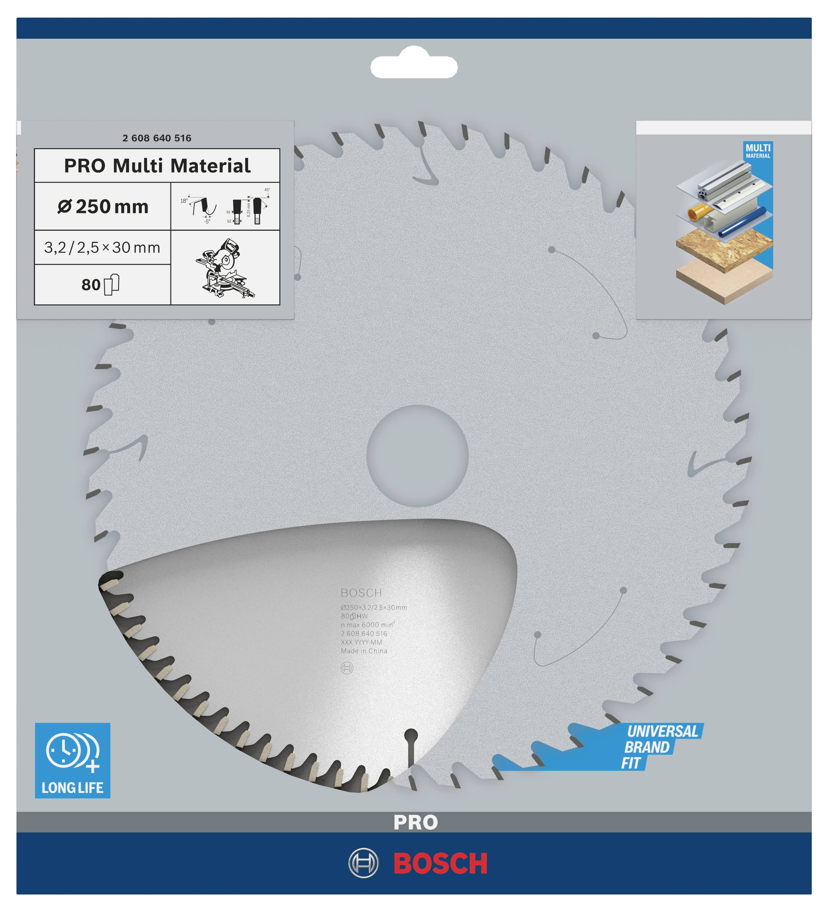 Cirkelzaagblad voor meerdere materialen, Ø 250 mm, 80 tanden, geschikt voor verschillende merken, geadverteerd met lange levensduur.