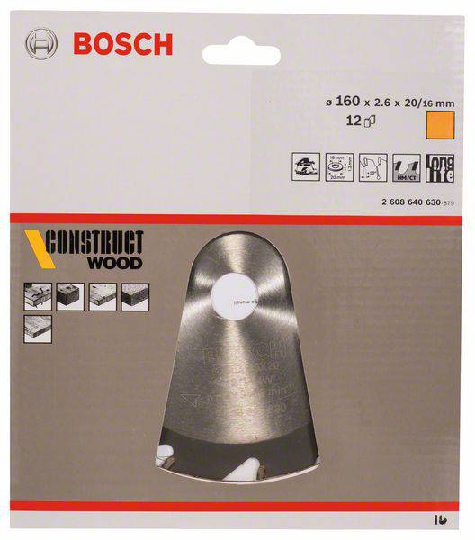 Packaging for BOSCH Circular Saw Blade for Wood, 160 mm Diameter, 12 Teeth, Product Image and Specifications Shown.