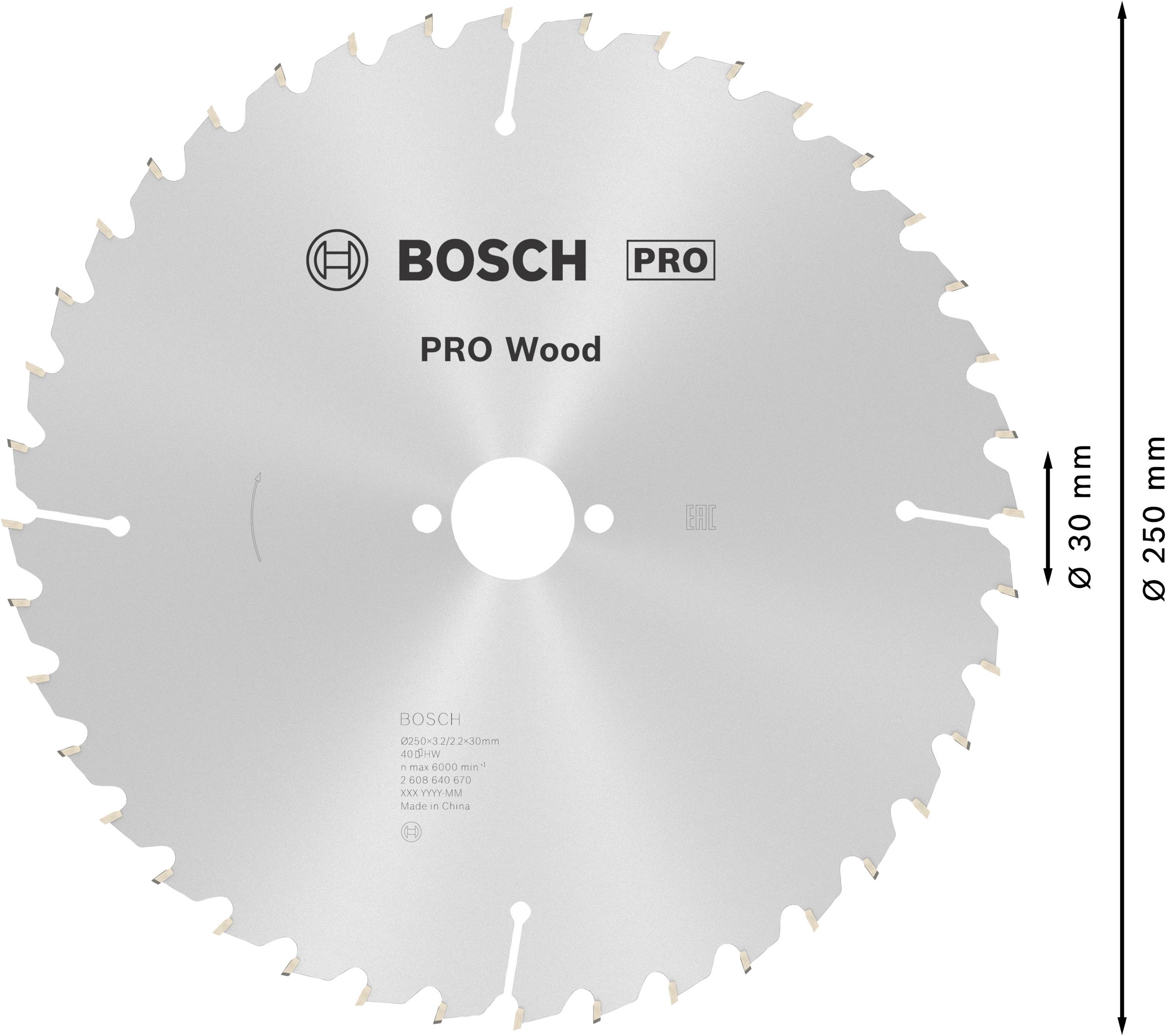 Cirkelzaagblad met opschrift 'BOSCH PRO Wood', diameter 250 mm, boring 30 mm, geschikt voor houtbewerking.