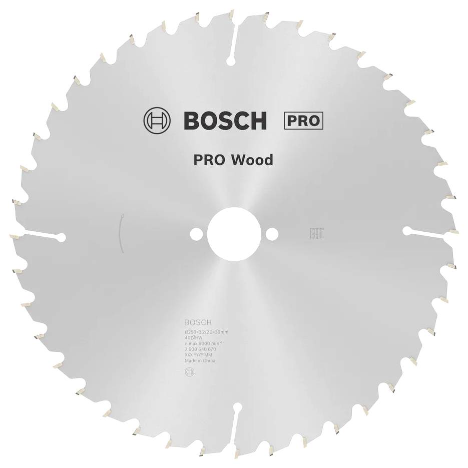 Cirkelzaagblad met 'Bosch PRO Wood'-branding en specificaties gegraveerd op het oppervlak, ontworpen voor houtbewerking.
