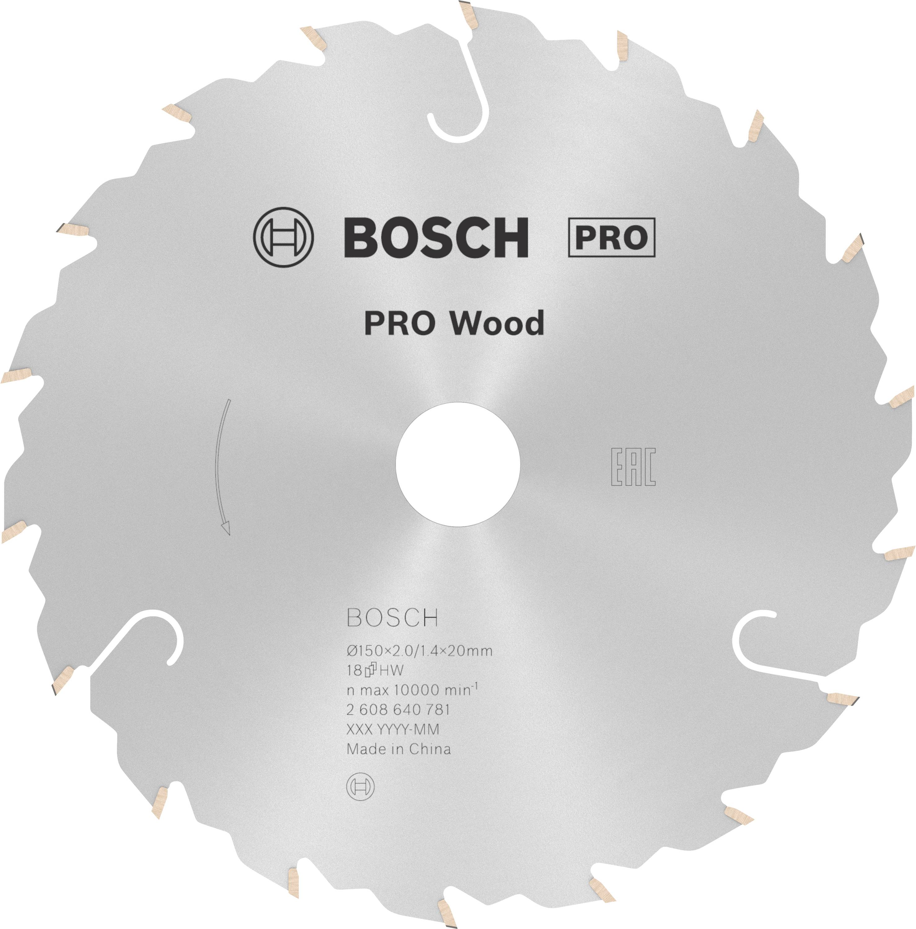 Cirkelzaagblad van metaal met gedrukte informatie: 'Bosch Pro Wood', diameter 'Ø150 x 2,0/1,4 x 20mm', 18 tanden.