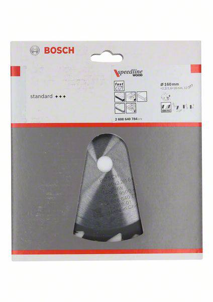 Bosch-Speedline zaagblad in standaardkwaliteit voor hout, geschikt voor 160 mm zagen. Verpakking toont productspecificaties.
