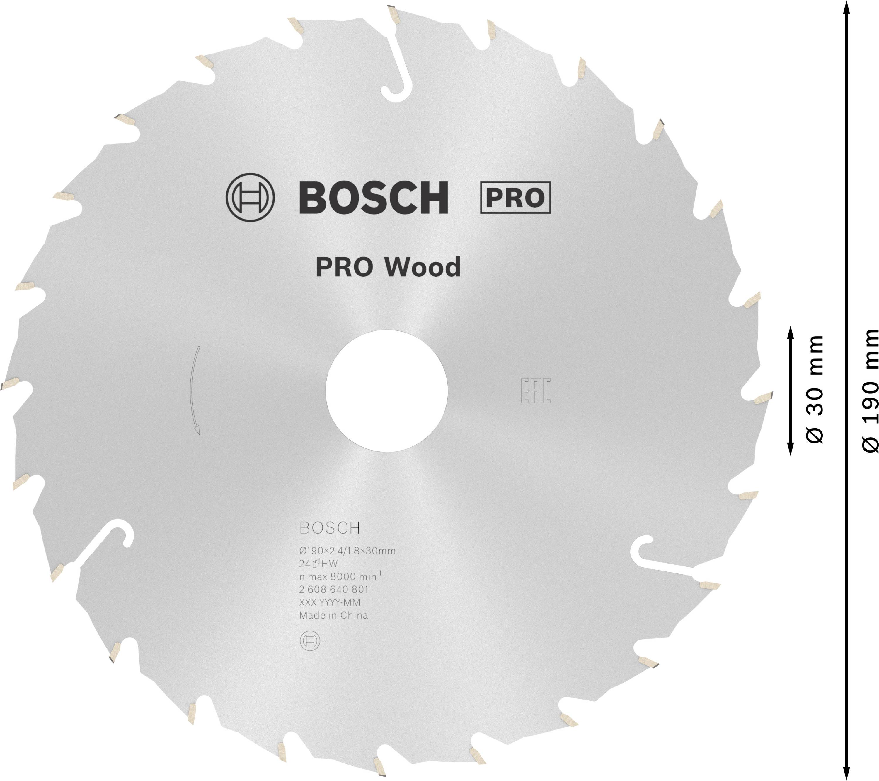 Cirkelzaagblad met de opschrift 'BOSCH PRO Wood'. Diameter 190 mm, gatdiameter 30 mm, geschikt voor houtbewerking.